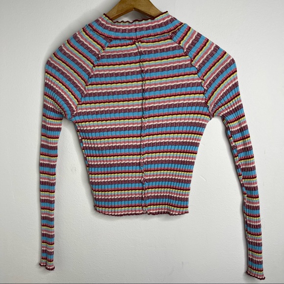 Free People Retro Mirror Blue Striped Mock Neck Ribbed Long Sleeve Crop Top Sz S - Picture 7 of 16